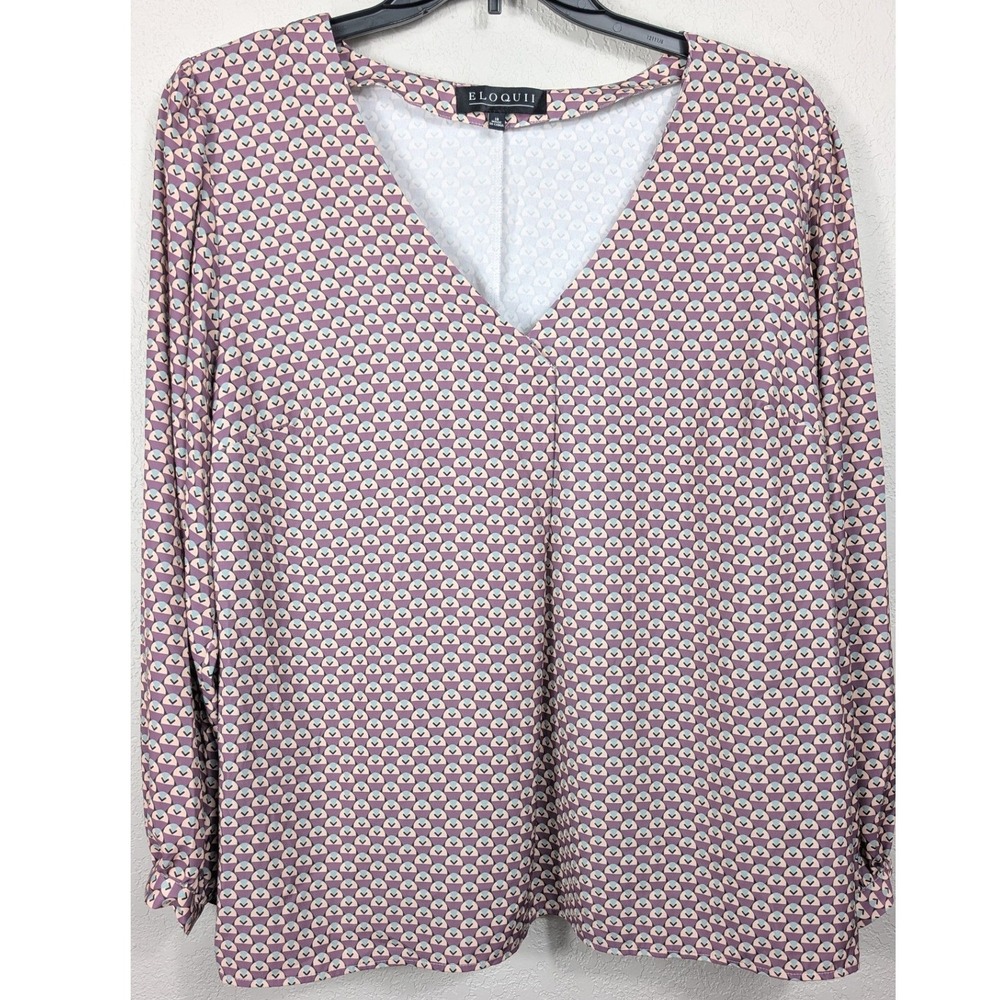 Eloquii V-Neck Blouse Purple Geometric Art Deco Long Sleeve 18 Plus Size Retro